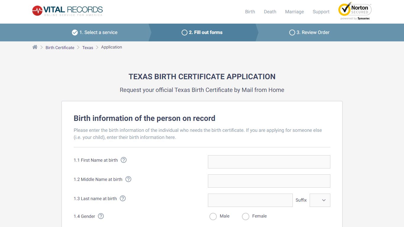 Texas Birth Certificate Application - Vital Records Online